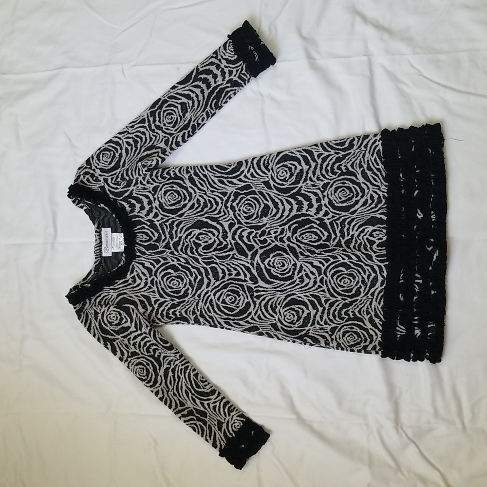 Black and White Rose Dress w/ Black Ruffled Trim